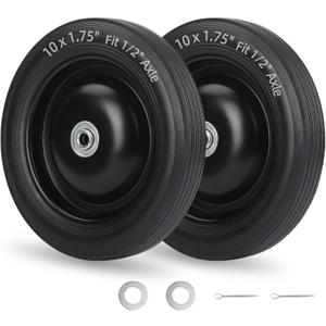 GICOOL 10" x1.75" Flat-Free Solid Rubber Tire and Wheel 1/2" Axle Bore Hole, 1.6" Offset Hub, 2 Pack, Black