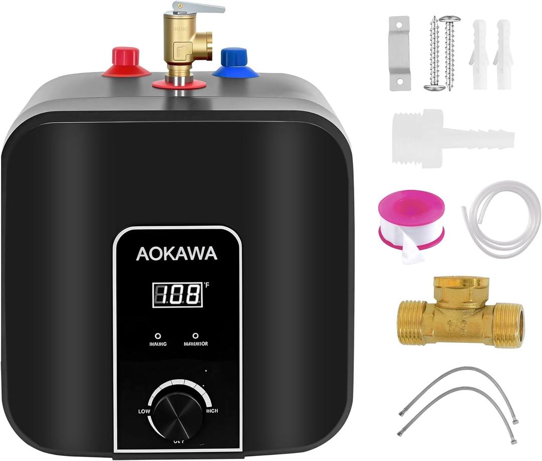 Electric Mini Tank Water Heater 2.5 Gallon Under Sink Instant Hot Water Point of Use for RV Kitchen Bathroom Camper with Safety Vavle 1/2" NPT Wall or Floor Mounted