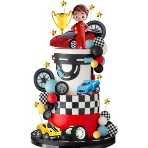 Racing Cake Toppers Racer Clay Figurines Tires Flags Cake Decorations for Truck Themed Birthday Racing Decorations Supplies