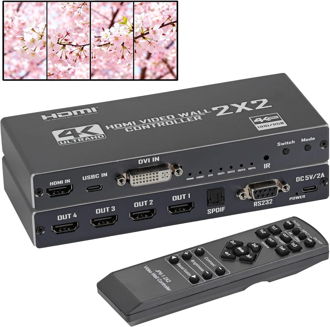 4K HDMI Video Wall Controll 2x2, Video Wall Processor with RS232/DVI/Type-C Input, Support 90 180 Rotation, IR Remote, SPDIF Audio Output