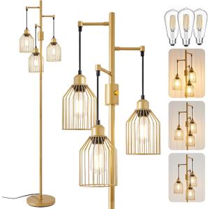 Dimmable Industrial Floor Lamp with 3 Cage Heads, 68.5" Gold Tree Standing Lamp with Stepless Dimming, Modern Farmhouse Tall Pole Light for Living Room, Bedroom, Office, E26 Base (Bulbs Included)