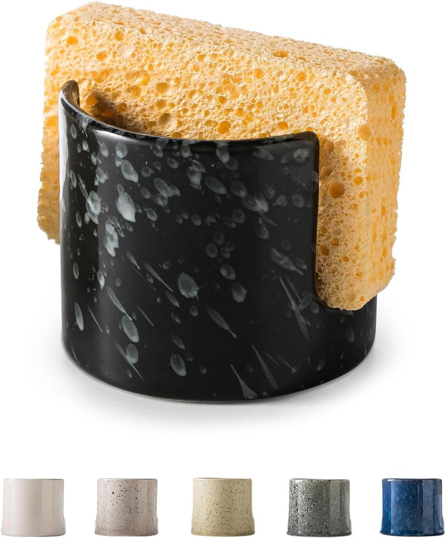 Sponge Holder for Kitchen, Ceramic Sink Caddy Scrub Sponge Rack Dish Rack Scrubbers Holder for Kitchen Sink, Bathroom, Black (Cylindrical)