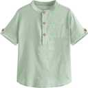 Boys Short Sleeve Henley Shirt Button Up Linen Cotton Dress Shirts Tees Tops with One Pocket (5-6 Years, Green)