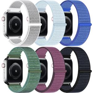 6 Pack Nylon Sport Loop Band Compatible with Apple Watch Bands 38mm/ 40mm/ 41mm/ 42mm(Series 10) iwatch Bands for Women Men, Soft Adjustable Strap for iWatch Series 10 9 8 7 6 5 4 3 2 1 SE Ultra (F:Blue Cloud/ Lake Green/ Ultramarine/ Ink/ Plum/ Seashell