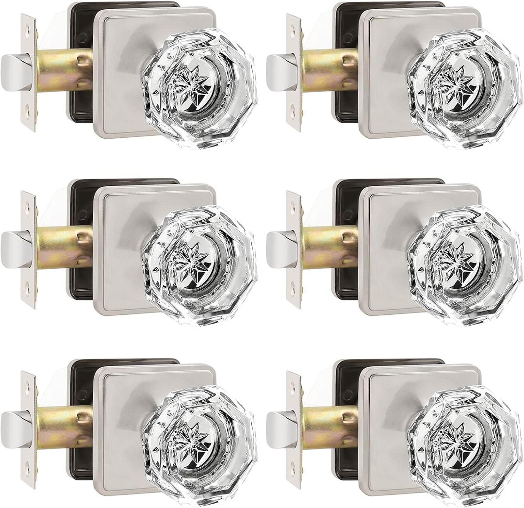 Orger Passage Glass Door Knob for Interior Hall and Closet, Clear Crystal Door Knobs in Satin Nickel Finish, Keyless Non-Locking Door Handles with Square Back Plate, 6 Pack