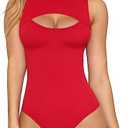 MANGOPOP Women's Mock Neck Cutout Front Bodysuit Long Sleeve Sleeveless Turtle Neck Body Suits Sexy Tops XXL