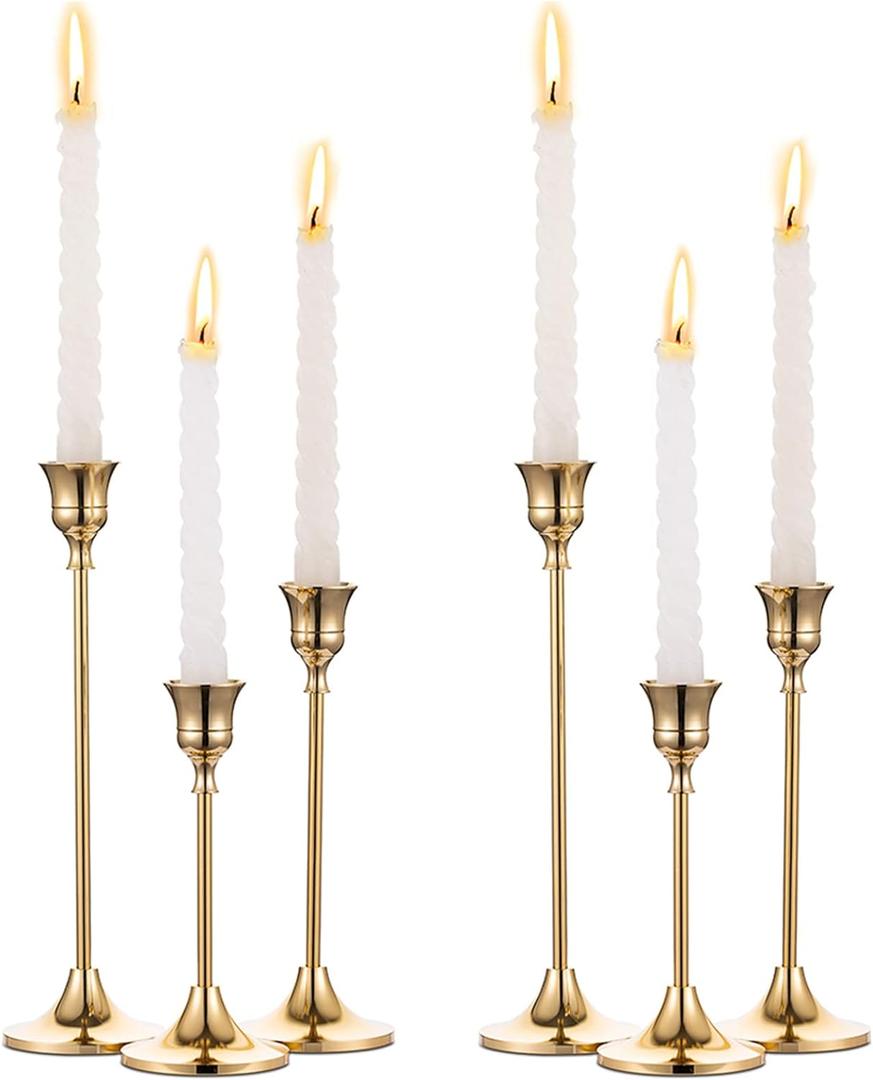 2 Sets, 6 Pcs Brass Gold Metal Taper Candle Holders Candlestick Holders, Vintage Modern Decorative Centerpiece Candlestick Holders for Table Mantel Wedding Housewarming Gift