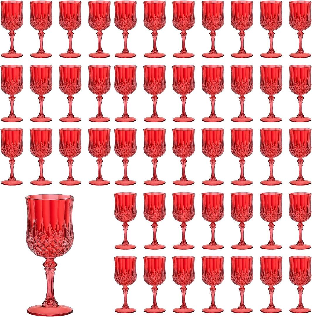 7OZ Plastic Wine Glasses, Reusable Vintage Goblets Unbreakable Drinking Glasses Crystal Water Cups Champagne for Wedding, Parties (48, Red)