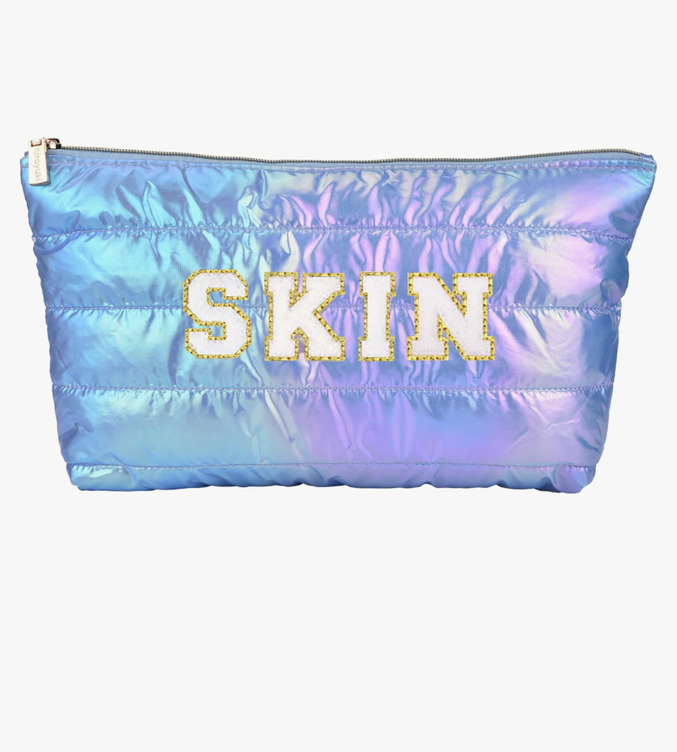 Hiroyuki Iridescent Makeup Bag, 14 inches Cosmetic Bag, Large Capacity Travel Pouch (Skinl, blue)