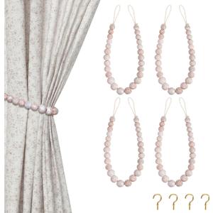 Hion 4 Pcs Boho Curtain Tiebacks,Wood Beads Curtain Holdbacks,Outdoor Farmhouse Tie Backs for Curtains, Curtain Holders for Drapes Home Office Decor with Hooks(White Washed)