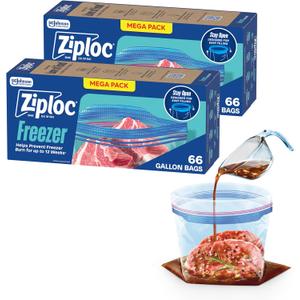 Ziploc Gallon Food Storage Freezer Bags, Stay Open Design, Easy to Fill, 66 count, 2 Pack, 132 Total 