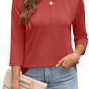 Womens Tops 3/4 Length Sleeve Round Neck Casual Loose Fit Tunic Tops Basic Pleated Shirts 2025 (Red)