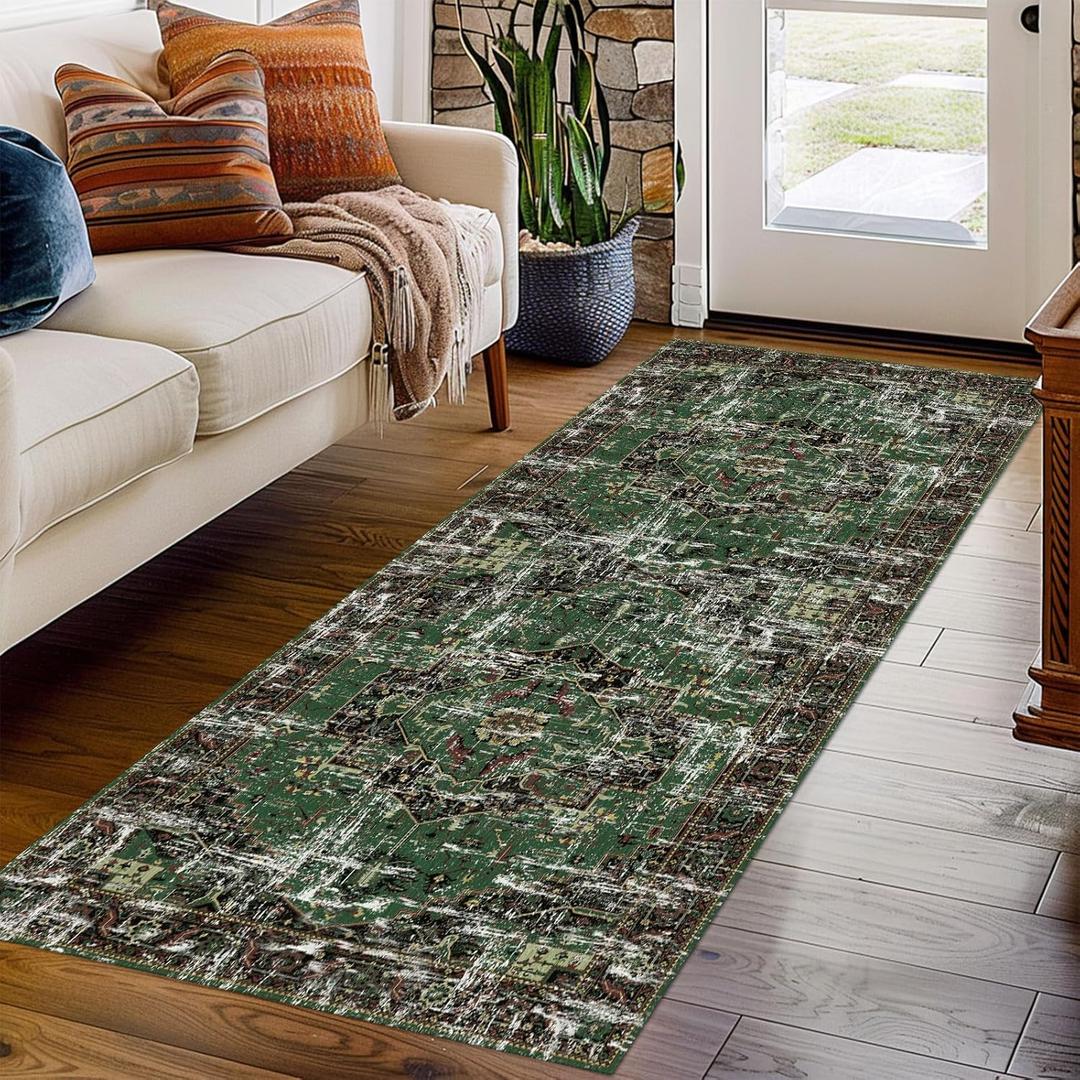 Runner Rug Boho Vintage Washable Area Rugs Dark Green Black 2x6 Neutral Modern Small Carpet Hallways Non Slip Runners for Kitchen Laundry Bedroom Living Room