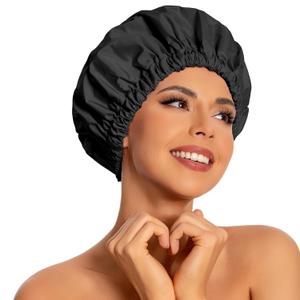 Reusable Shower Cap for Women, Large Waterproof Shower Bonnet Washable Elastic Band Bath Accessories Hair Hat for Long Hair, Braids (Black)