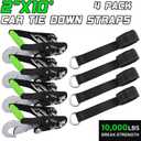 Car Tie Downs Straps with Snap Hooks for Trailers(4pk) - Reflective 2" x10ft Car Hauler Straps - Heavy Duty Tire Straps - Lasso Style -10,000lb Break Strength Car Straps for Trailer, UTVs, ATVs (Black)