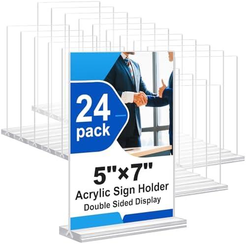 dulvus Acrylic Sign Holder 5x7 Inches 24 Pack, Double Sided Clear Display Stand Table Top Sign Paper Holder, Vertical Menu Flyer Holder, Plastic Sign Frame for Stores, Restaurants, Hotels, Office
