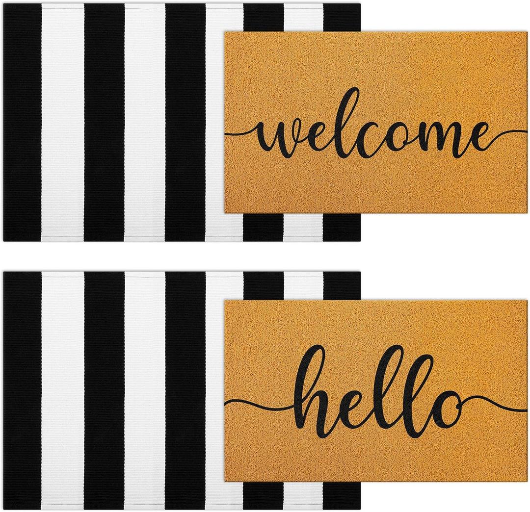 Timgle 4 Pack Hello and Welcome Doormat 30'' x 18'' Black and White Striped Rug 35'' x 24''Front Door Mats for Front Door Farmhouse Outdoor Doormats for Indoor Outside Entryway