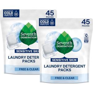 Seventh Generation Laundry Detergent Packs, Free & Clear, 90 Loads (2 pouches, 45 Ct EA)