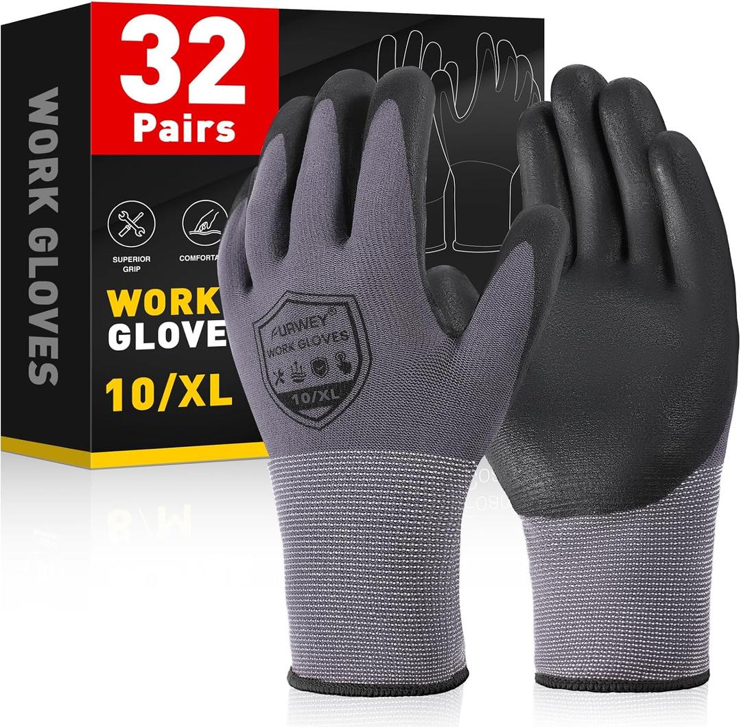FURWEY Safety Work Gloves,32 Pairs Micro-Foam Nitrile Coated Glove,Seamless Knit Nylon Gloves，Touchscreen, Ideal for Warehouse Package Handling，Construction, Gardening,Medium