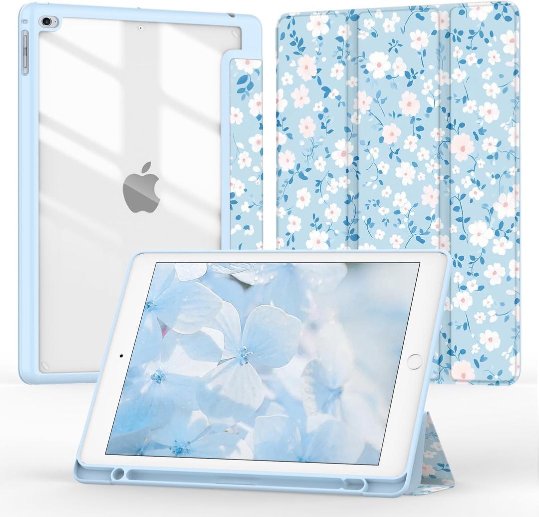 Case for iPad 6th/5th Generation 2018/2017, for iPad Air 2/Air 1(9.7 inch),Tri-Fold Auto Wake/Sleep 9.7'' Cover with Clear Back/Pencil Holder for iPad 6 5 Gen (Floral Blue)