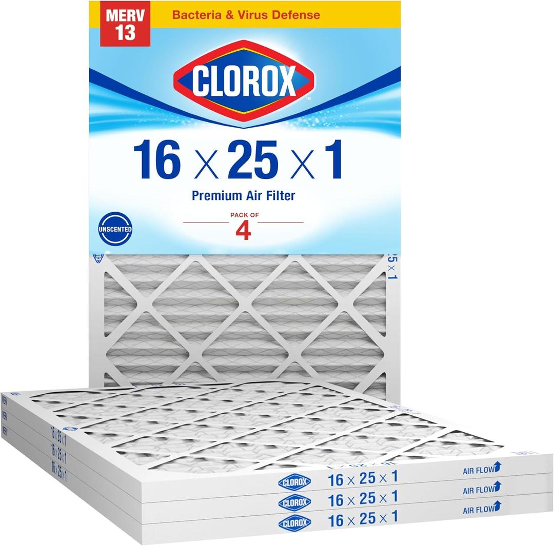 Clorox 16x25x1 Air Filter, MERV 13 Pleated HVAC AC Furnace Air Filters, MPR 1500 & FPR 10 – Pack of 4