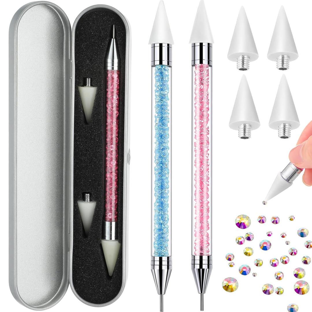 2 Pieces Rhinestone Picker Dotting Pen, Dual-ended Rhinestone Gems Crystals Studs Picker Wax Pencil Pen Crystal Beads Handle Manicure Nail Art DIY Decoration Tool (Light Blue Pink)