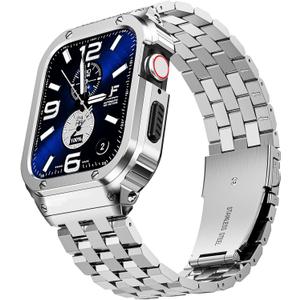SUPLINK Stainless Steel Case and Band Compatible with Apple Watch Bands 45mm for Men, Metal Rugged Protector Cover Adjustable Strap for iWatch Apple Watch Series 9 8 7 (Silver) (45mm(series 9/8/7))