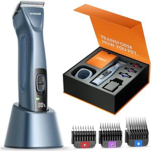 oneisall Grandmaster Pro 1 Cordless Professional Dog Grooming Clippers, 2-Speed Dog Clippers for Grooming Heavy Duty/Thick Hair, Detachable Carbonized Steel Blade Metal Combs, Removable Battery (Blue)