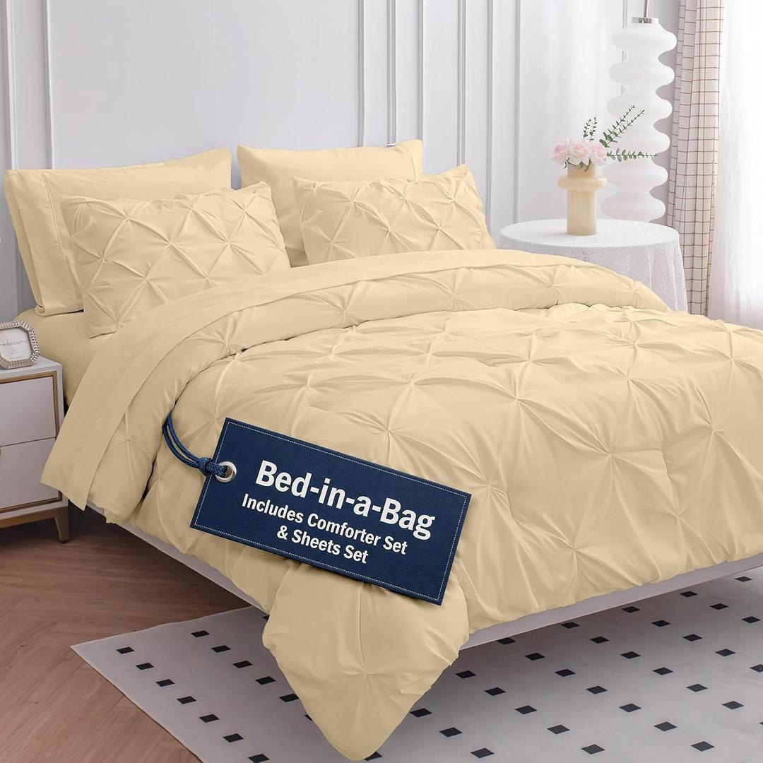 LANE LINEN Queen Size Comforter Set - 7 Piece HotelQuality, Queen Bed in a Bag - Soft-Touch Microfiber - Pintuck-Stitch Bedding Collection - All-Season Bed Set with Easy Care Comforters - Beige