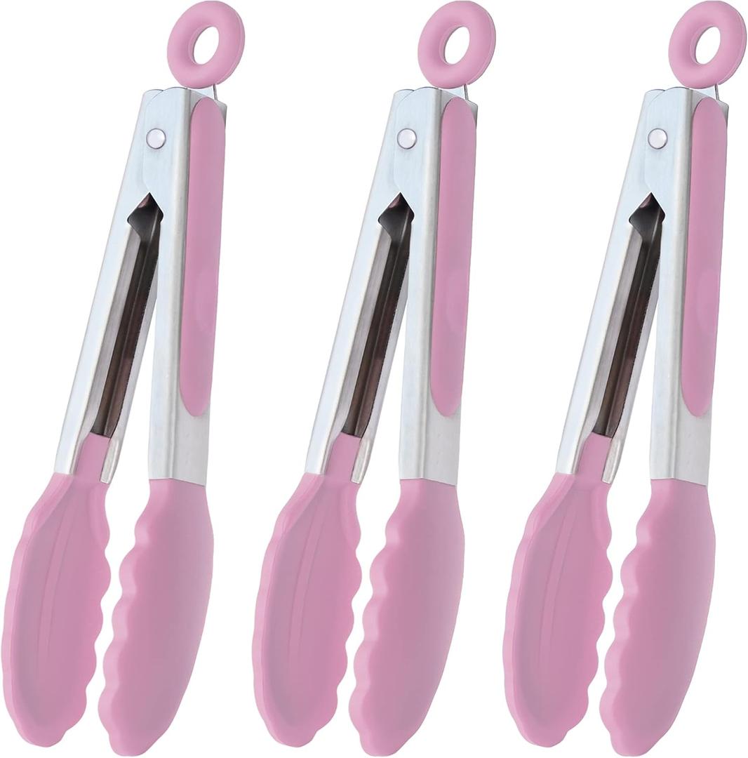 Small Serving Tongs with Silicone Tips 7-Inch Mini Tongs, Set of 3 (Pink)