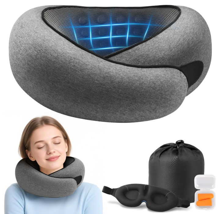 Purroch Advanced Memory Foam Neck Travel Pillow, Neck Pillow Airplane with Eye Mask & Ear Plugs, Designed for The Comfort of Travel & Office, Travel Pillow for Plane, Car, Home, Work， Grey