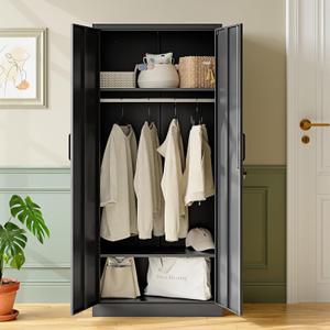 Wardrobe Closet with Lock, 72" H Metal Storage Cabinet with Closet Rod, Lockable Wardrobe Cabinet for Bedroom, Laundry Room, Home Office(Black)