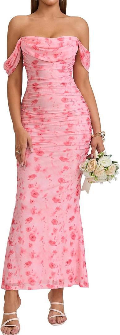 KUTUMAI Off The Shoulder Maxi Long Dress Corset Ruched Bodycon Cocktail Formal Wedding Guest Dresses for Women (Pink, M)