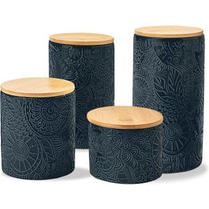 American Atelier Embossed Canister 4-Piece Ceramic Set Jar Container with Wooden Lids for Cookies, Candy, Coffee, Flour, Sugar, Rice, Pasta, Cereal & More