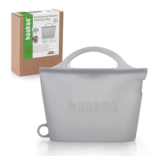 Haakaa On-The-Go Silicone Microwave Steam Sterilizer Bags for Travel, 40oz/1250ml Reusable Silicone Steaming Bags for Baby Bottles, Breast Pump, Accessories, Pacifiers, Teethers,Grey/1PC