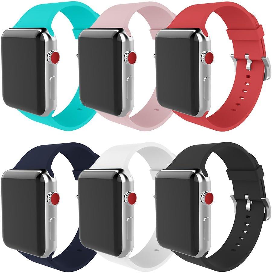 Compatible with Apple Watch Band 38mm 40mm 41mm 42mm 44mm 45mm 49mm Women Men Soft Silicone Sport Strap Replacement Wristbands with Classic Clasp for iWatch Series 8 7 6 5 4 3 2 1 SE 6Pack