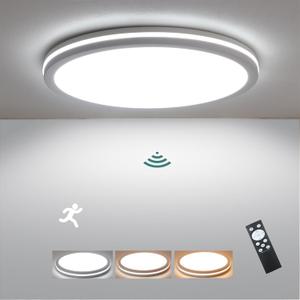 11 Inch Motion Sensor Ceiling Light Indoor, 24w Flush Mount Ceiling Light Fixture 3000K/4000K/6000K, Motion Sensor Lamp Wired Round for Hallway Garage Porch Laundry Basement White