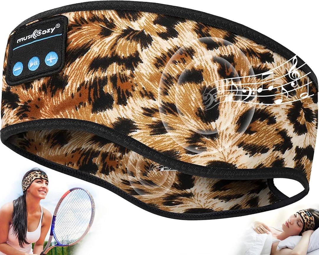 MUSICOZY Sleep Headphones Wireless Bluetooth 5.4 Sports Headband with HD Stereo Speakers, Sweatproof Earbuds for Running, Workout, Yoga, and Meditation (Light Leopard)