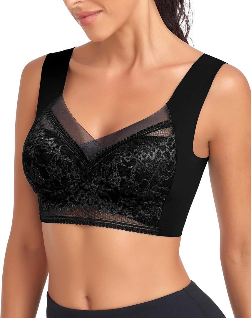 WOWENY Seamless Lace Bras for Women Wirefree Comfortable Mesh Padded Soft Back Smoothing Bra (Large, Sleep Bra Black(no Support))