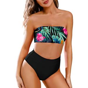 Pink Queen Women's Removable Strap Wrap Pad Cheeky High Waist Bikini Set Swimsuit (X-Large, 02 - Floral Black)