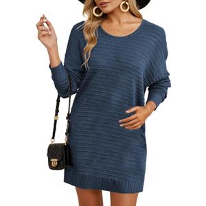 Dokotoo Womens Sweater Dresses 2025 Trendy Casual Crew Neck Long Sleeve Textured Pullover Knit Dress (Blue, XL)
