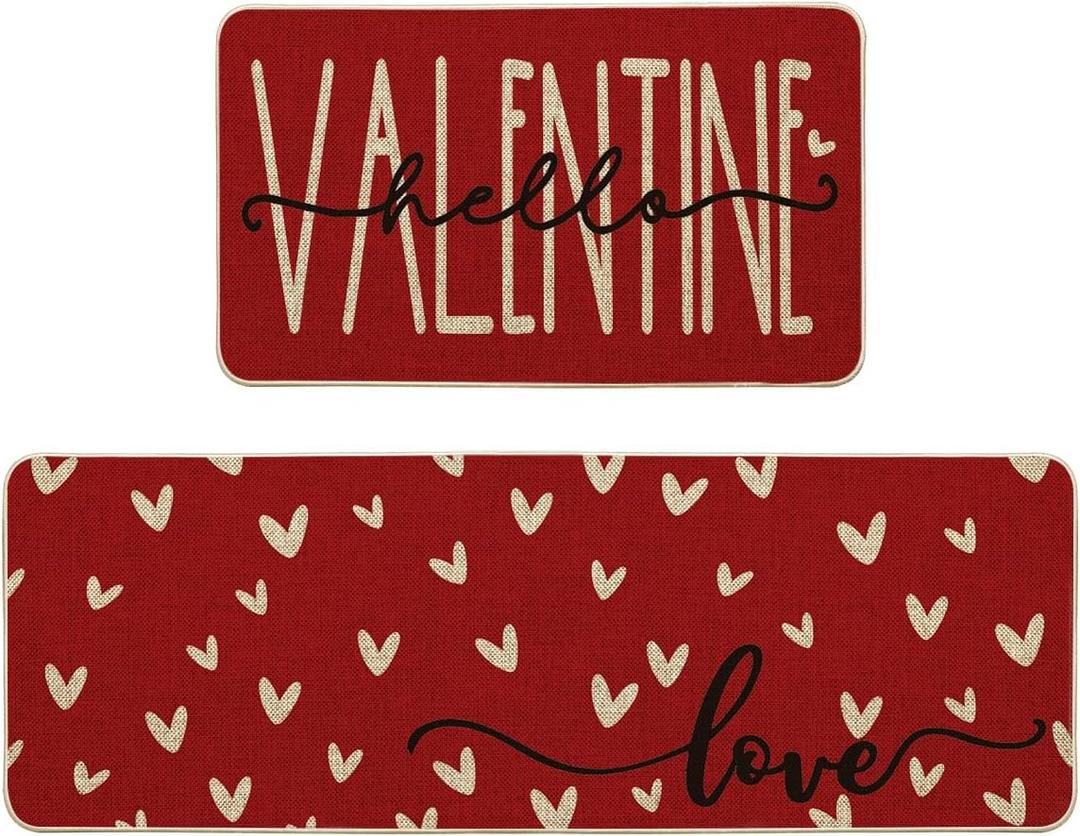 Artoid Mode Red Love Heart Hello Valentine's Kitchen Mats Set of 2, Home Decor Low-Profile Kitchen Rugs for Floor - 17x29 and 17x47 Inch