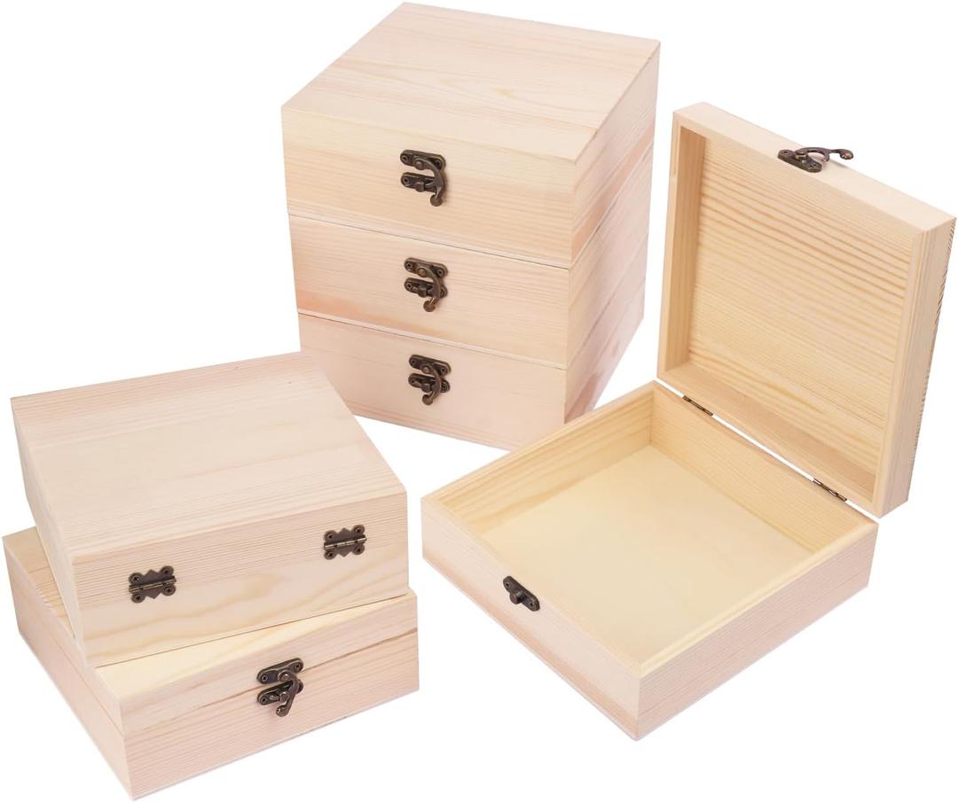 GNIEMCKIN 6 Pack Wooden Box, Unfinished Unpainted Wood Boxes for Crafts, DIY Projects, and Jewelry Storage (7x7x3 inch)