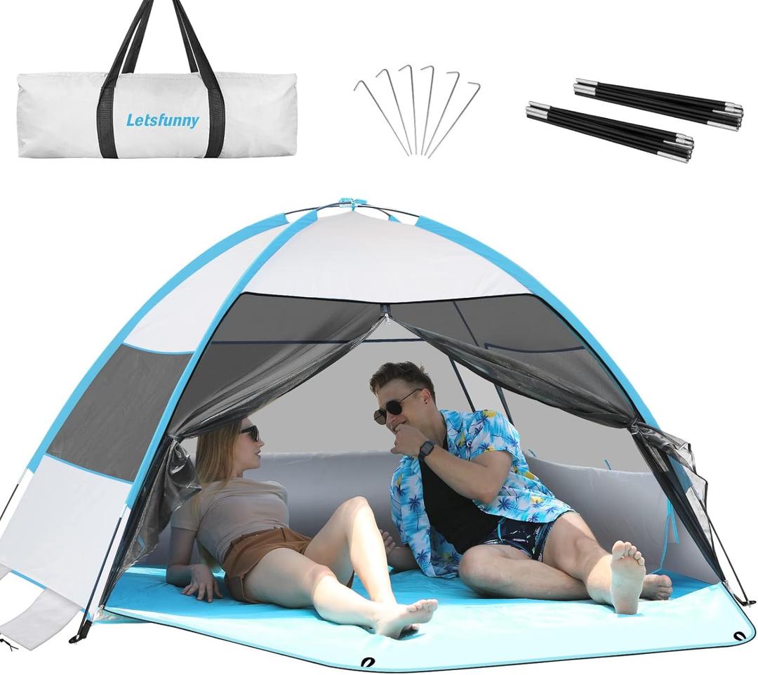 Large 3-4 Person Beach Tent - UPF 50+ Anti-UV, Easy Setup with Extended Floor & Mesh Windows, Portable for Camping Fishing (Silver Shelter)