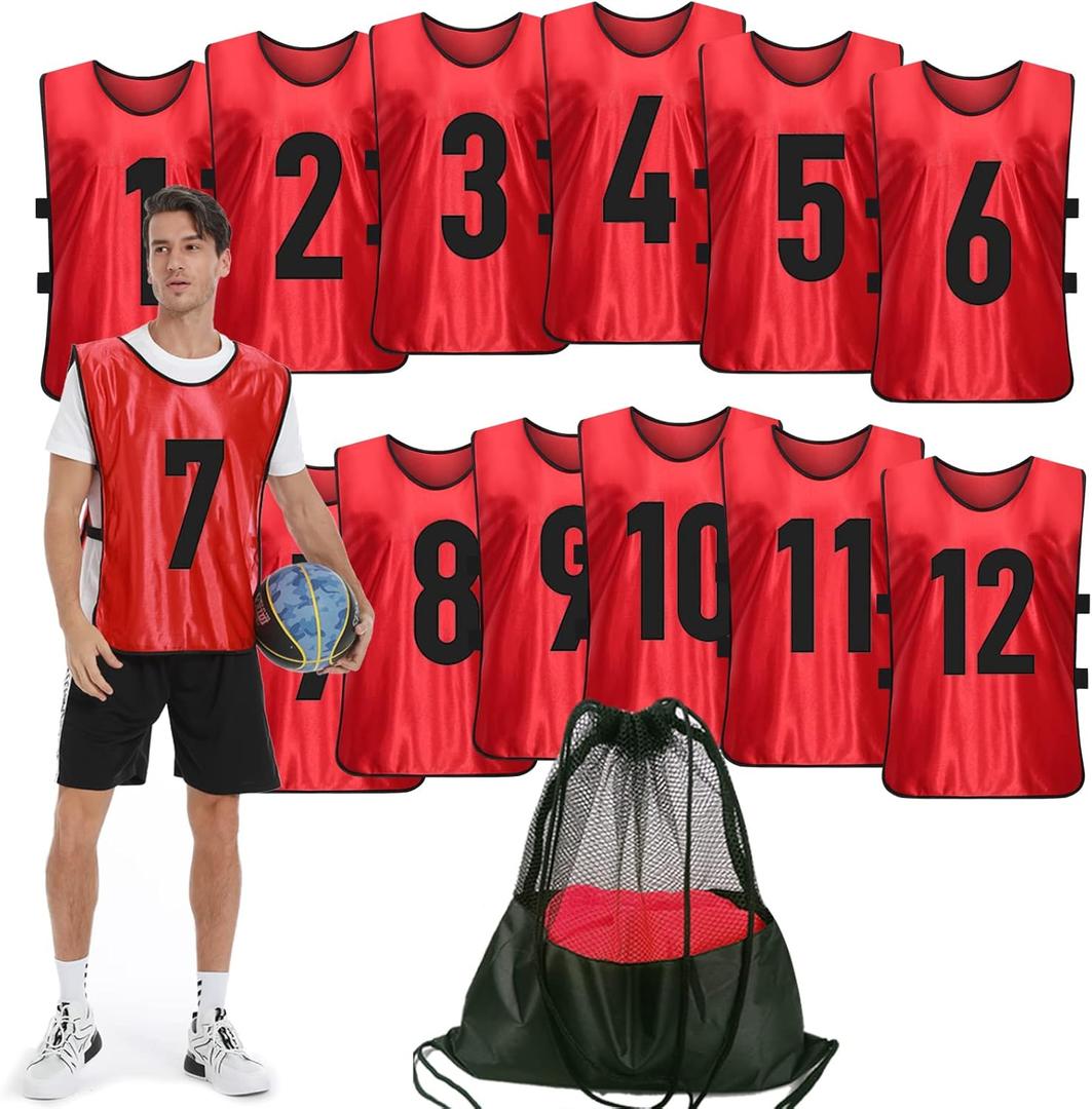 Scrimmage Training Vest (12 Pack) Team Sports Pinnies Jerseys for Adult Youth Soccer Bibs Numbered Practice Jerseys (Large)