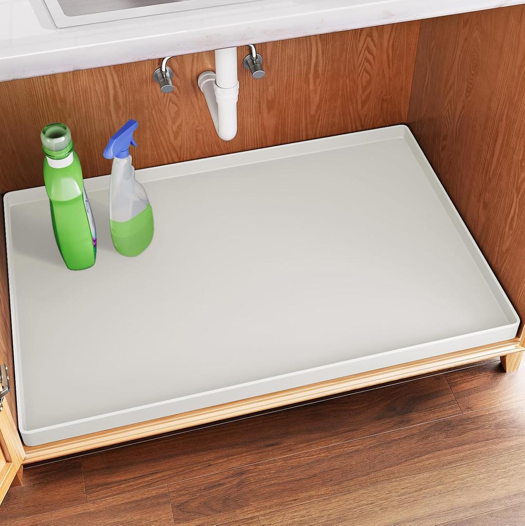 FLATO Waterproof Under Sink Mat 31" x 22" Shelf Liner for Kitchen and Bathroom, Cabinet Protector, Organizers and Storage, Flexible Silicone Drip Tray (White)
