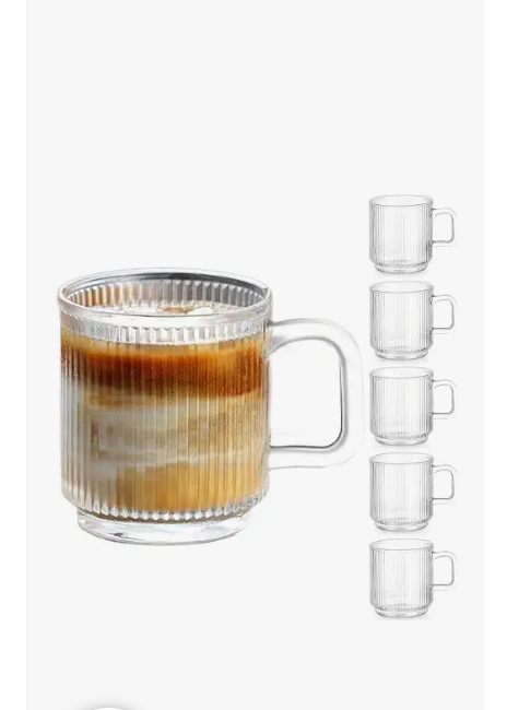 Qipecedm 6 PACK Premium Glass Coffee Mugs with Handle, 12 OZ Classic Vertical Stripes Glass Coffee Cups, Transparent Tea Cup for Hot/Cold Beverages, Glassware Set for Americano, Latte, Cappuccino
