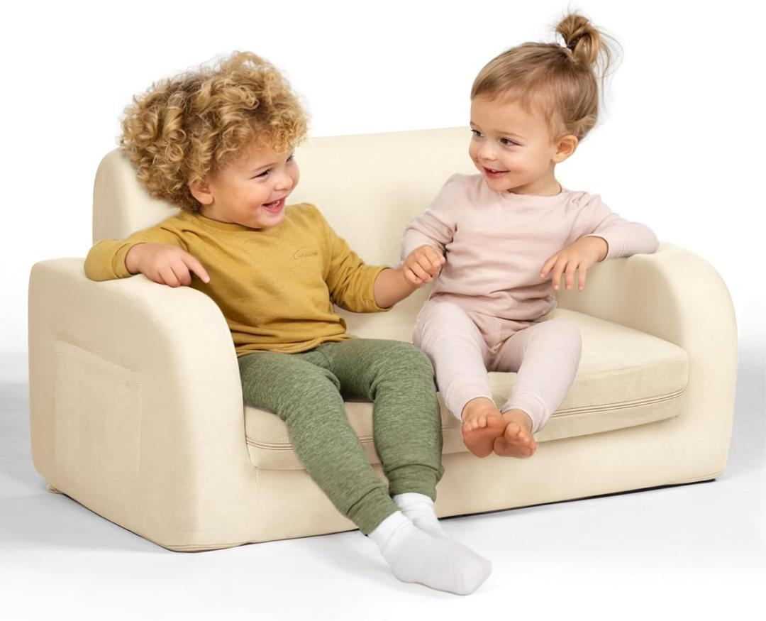 3-in-1 Extra Wide Convertible Kids Couch, Flip Open Toddler Couch to Lounger, Comfy Toddler Chair, Machine-Washable Kids Sofa for Girls, Kid Sofa Bed for Fun Playtime or Comfy Lounging, beige