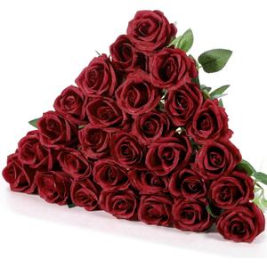 Hotop 20 Pcs Artificial Rose Flowers with Long Stem,Real Touch Silk Realistic Plastic Bouquet Roses Bulk for Home Decor Bridal Wedding Party Table Centerpieces Decorations(Wine Red)