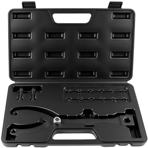 Jiimee 15pcs Pulley Holder Tool Kit, Universal Adjustable Spanner Wrench Set with Variable Pins, 1/2" Drive Ratchet Fan Clutch Removal Wrench Tool Kit for Camshaft Pulley
